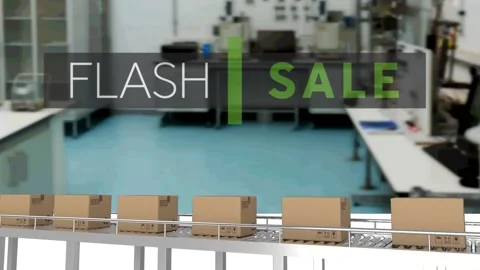 Animation of flash sale text over cardboard boxes on conveyor belt Video stock 159179110