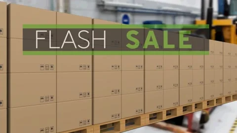 Animation of flash sale text over cardboard boxes on conveyor belt Video stock 159179136