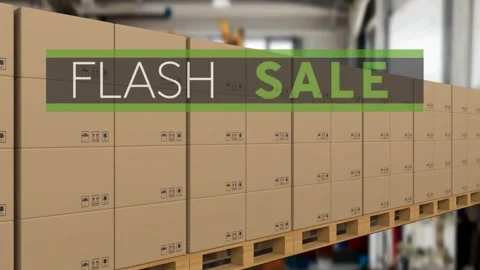 Animation of flash sale text over cardboard boxes on conveyor belt Video stock 159179152