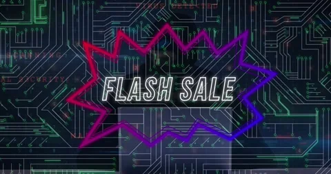 Animation of flash sale text in speech bubble, circuit board pattern, masked Stock Footage 239435097