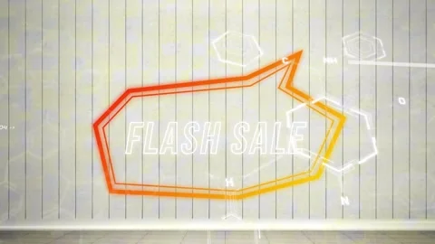 Animation of flash sale text in speech bubble, hexagon patterns over book paper Stock Footage 327125978