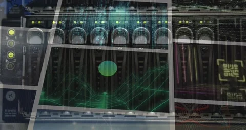 Animation of flashing lights on computer server over colourful clips playing on Stock Footage 160052739