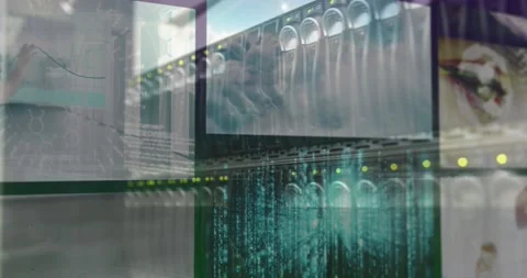 Animation of flashing lights on computer server over colourful clips playing on Stock Footage 160052742