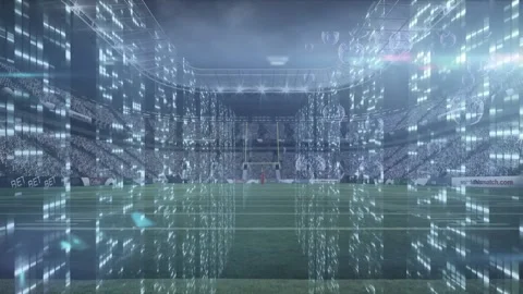 Animation of flashing lights on server and processing data over grass pitch at Video stock 165769889