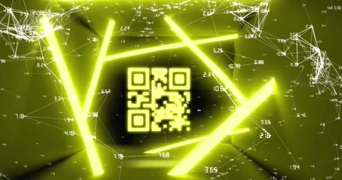 Animation of flickering qr code over connections with numbers and neon lights Stock Footage 327897893