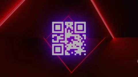 Animation of flickering qr code over neon stripes on black background Stock Footage 329972312