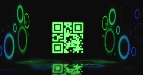 Animation of flickering qr code over circle neon lights Video stock 330054719