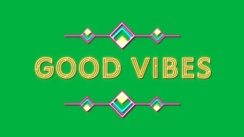 Animation of flickering words good vibes in yellow neon letters with pattern on Stock Footage 324845945