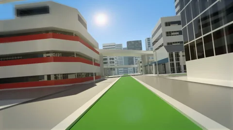 Animation of a flight through the street of a stylized, modern city Stock Footage 57507972