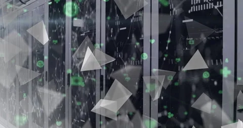 Animation of floating 3d grey pyramids, green icons and networks over computer Stock-Footage 265622119