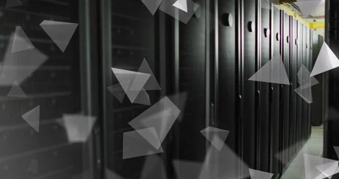 Animation of floating 3d grey pyramids over computer server room Stock-Footage 265622136