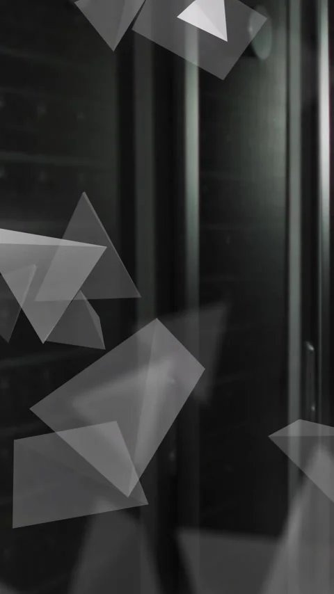 Animation of floating 3d grey pyramids over computer server room Stock Footage 342812045