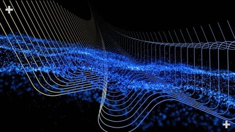 Animation of floating blue particles over parallel yellow and blue curved lines, Stock Footage 157347306