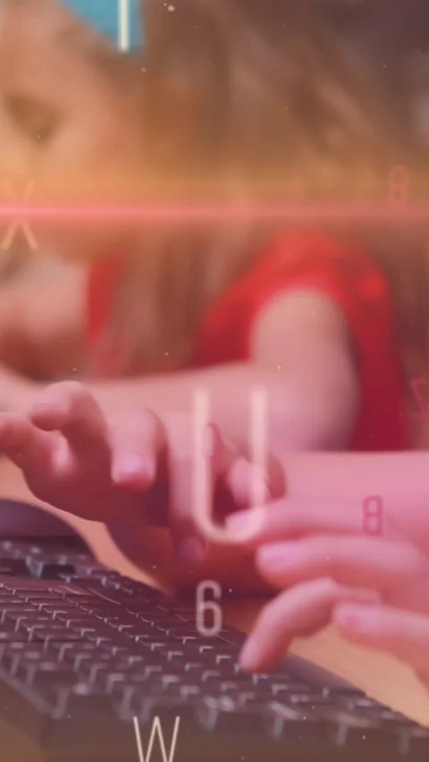 Animation of floating changing letters over group of kids using computers Stock Footage 342004003