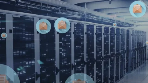 Animation of floating email icons over computer servers and data processing Video stock 330474476