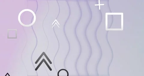 Animation of floating geometric shapes and arrows over wave pattern against Video stock 234658323