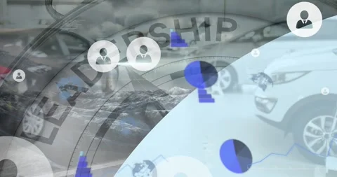 Animation of floating icons and graphs over leadership and cars Stock Footage 327642169
