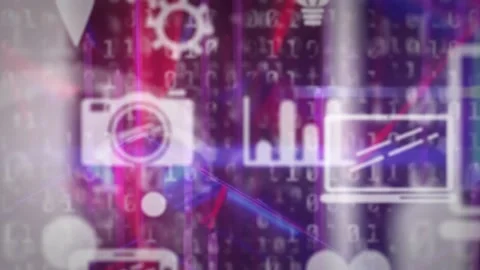 Animation of floating icons and programming language over ceiling of Stock Footage 217997440