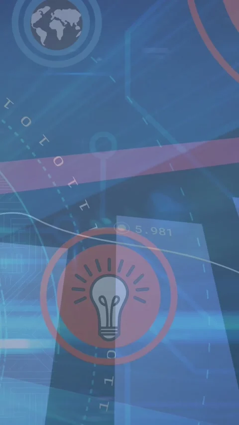 Animation of floating icons in circles over graphs, arrow, binary codes against Stock Footage 321580466