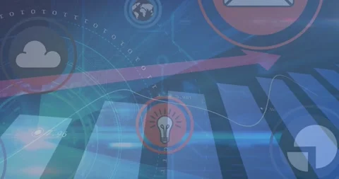 Animation of floating icons in circles over graphs, arrow, binary codes against Stock Footage 330338891