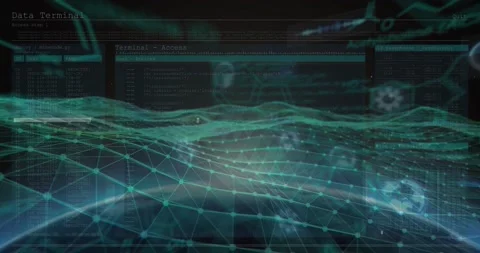 Animation of floating icons with digital wave pattern over programming language Video stock 209608152