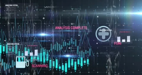 Animation of floating icons, multiple texts, lens flares and dots against Stock Footage 329707047