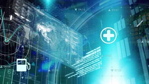 Animation of floating icons, trading board, programming language, rotating globe 動画素材 328462016