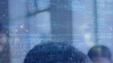 Animation of floating nucleotides and programming language over cropped heads of Stock Footage 328518621