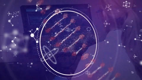 Animation of floating nucleotides, dna helix and circle over caucasian woman Stock Footage 329108780