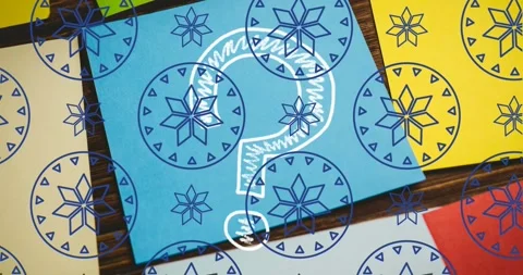 Animation of floral pattern in circles, question mark over multicolored paper on Stock Footage 327646008