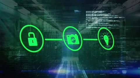 Animation of flow chart of icons, binary codes and computer language over server 動画素材 247967185