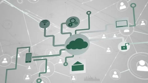 Animation of flow chart of icons, dots and profile icons connected with lines on Stock Footage 330586995