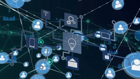 Animation of flow chart of icons moving over profile icons and dots connected Stock Footage 330776243