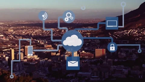 Animation of flow chart of icons over aerial view of modern cityscape and Stock Footage 328601070
