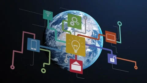 Animation of flow chart with multicolored icons over rotating globe on black Stock Footage 330475146