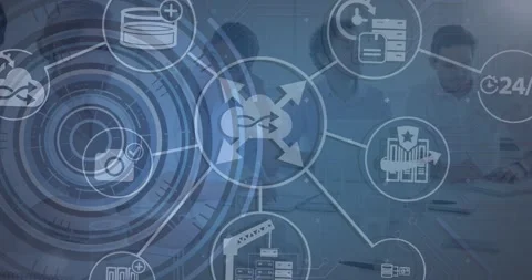 Animation of flow charts with computer icons, circles and code over colleagues Stock Footage 326297450