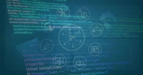 Animation of flow charts with computer icons over programming language 動画素材 330771082