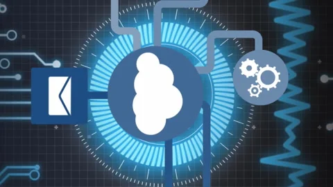 Animation of flowchart of icon over soundwaves and circuit board pattern on grid 스톡 동영상 312875100