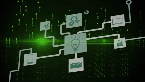 Animation of flowchart of icons and illuminated binary codes against black Stock Footage 330291638