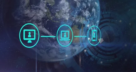 Animation of flowchart of icons with loading circles over globe against space 스톡 동영상 249323960