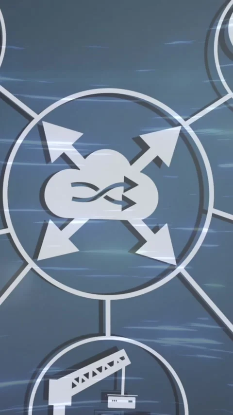 Animation of flowchart of icons over circular abstract pattern and lens flare Stock Footage 344745978