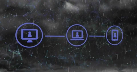 Animation of flowchart of icons over connected dots with rain and lightning Stock Footage 247690536