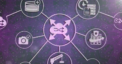 Animation of flowchart of icons over dots forming abstract pattern and lens Stock Footage 247616292