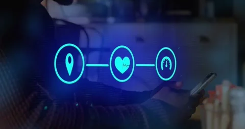 Animation of flowchart of icons over man scrolling on smartphone Stock Footage 327280527