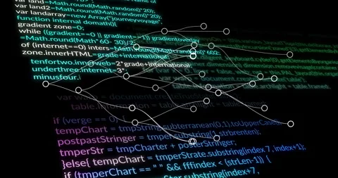 Animation of flowchart overlaying colorful programming code on dark background Stock Footage 304857897