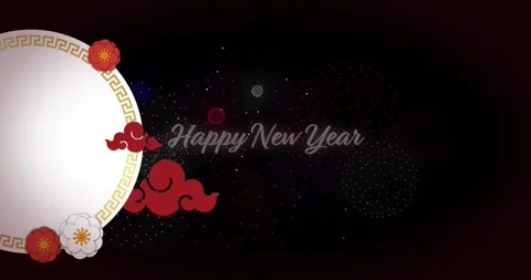 Animation of flowers, abstract patterns, plate, firework and happy new year text Video stock 255358018