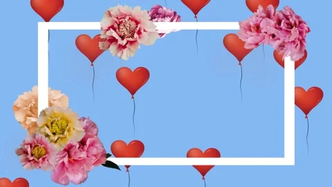 Animation of flowers on white frame over flying heart shaped balloons against Stock Footage 326889344