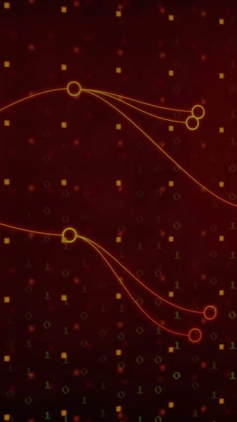 Animation of flowing red lines and nodes over digital binary code background Stock Footage 319618282