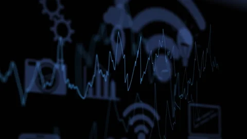 Animation of fluctuating graph lines with data analytics and technology icons Stock Footage 306201697