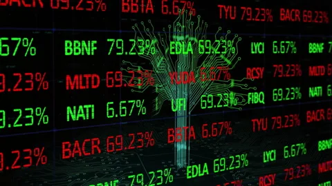Animation of fluctuating stock market data over digital circuit tree background 스톡 동영상 304015545